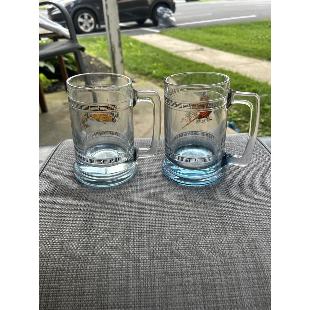 Vtg Princess House Beer Mug Stein Pheasant Ducks 14 oz. Crystal Greek Key (2)